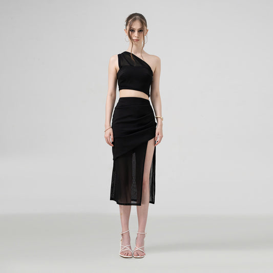 Solo Muse Off-shoulder Top with High-waisted Slit Skirt - Look 2
