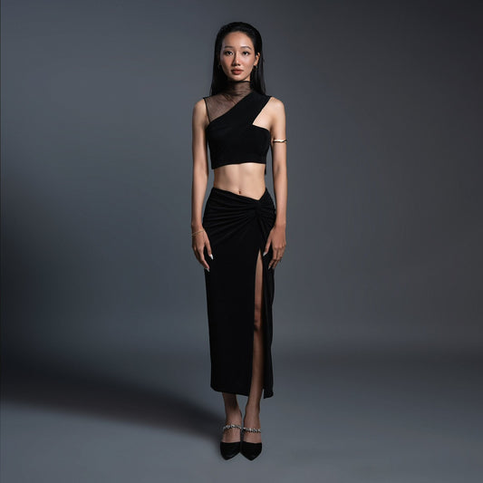 Contours of Confidence Cross Mesh Top with Stretchy Slit Skirt - Look 4