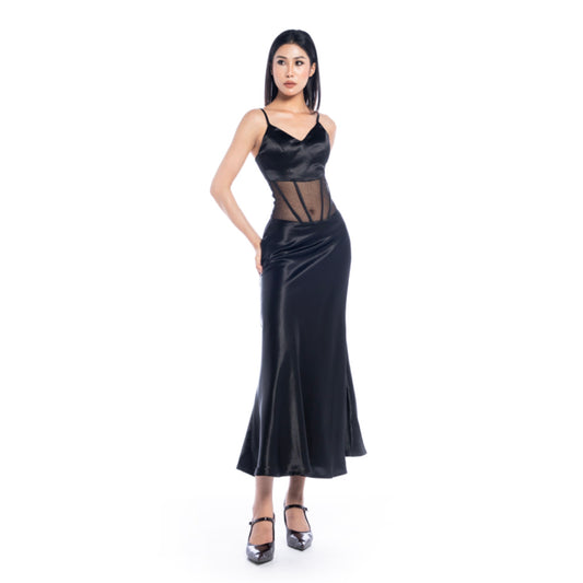 Femme Fatale V-Neck Black Satin Dress - Look 12