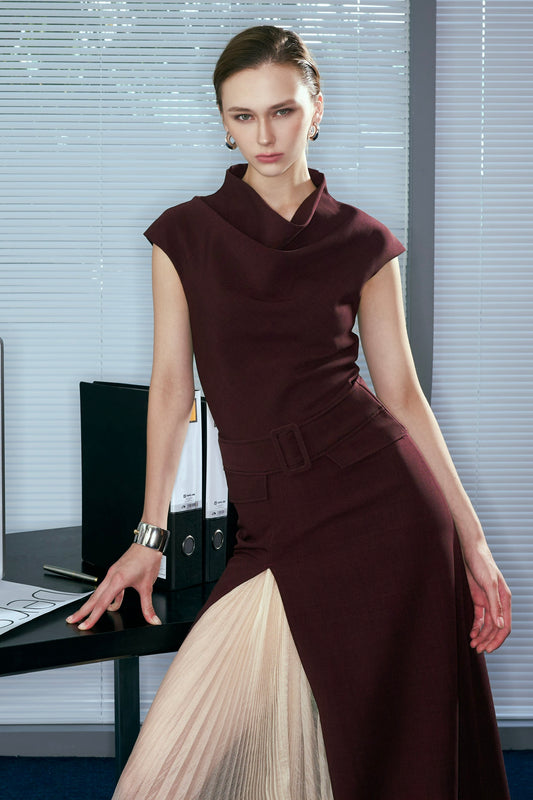 Versa Draped Collar Midi Dress with Detachable Belt
