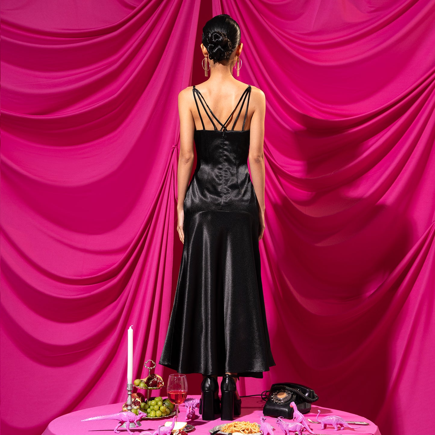 Femme Fatale V-Neck Black Satin Dress - Look 12