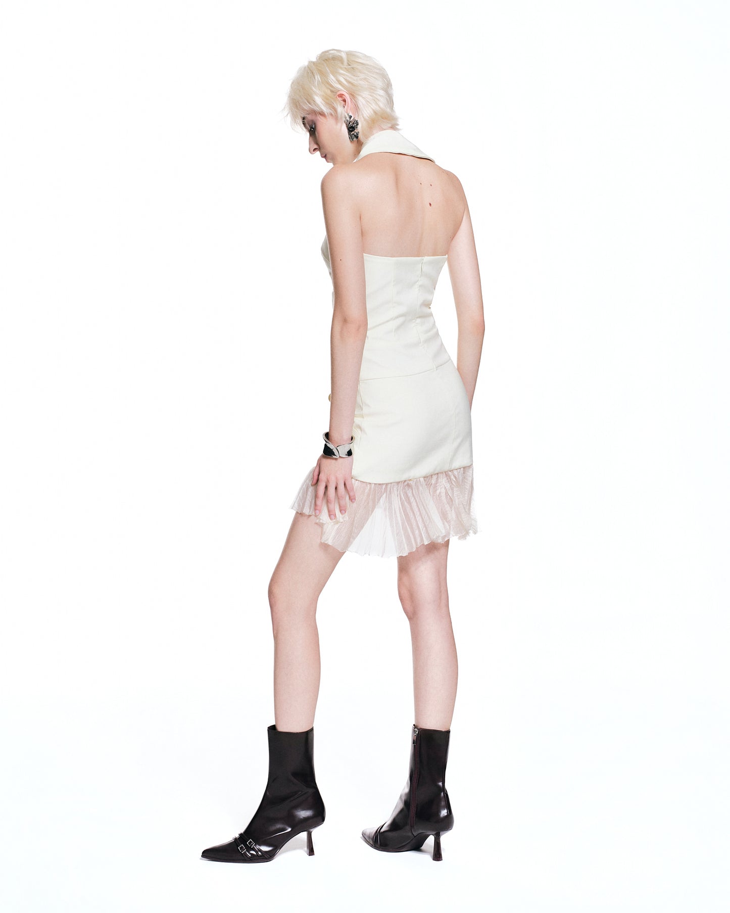 Versa Asymmetric Off-Shoulder Structured Mini Dress with Sheer Hem