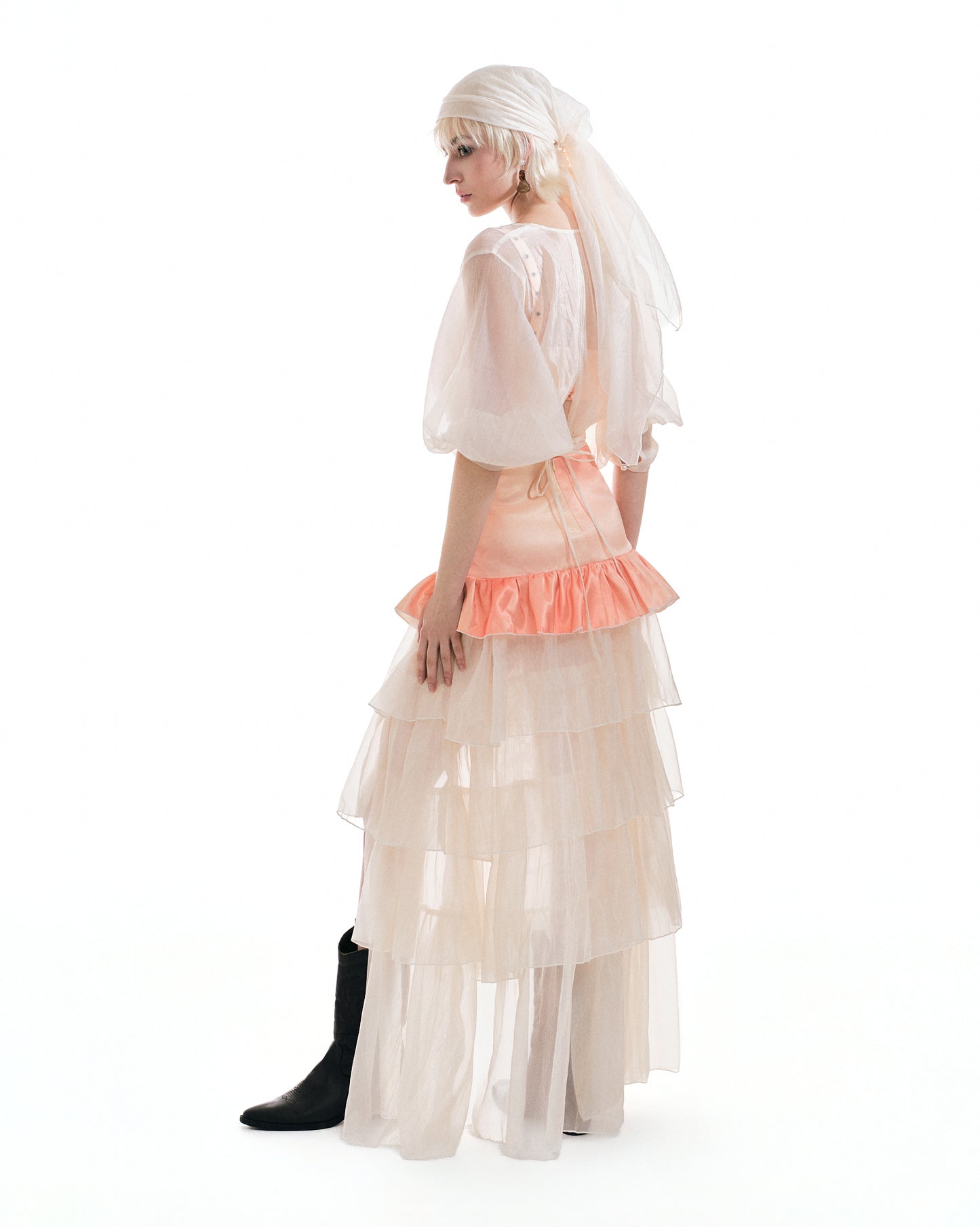 Disora Sheer Puff Sleeve Blouse, Satin Bra & Tiered Mini Skirt 3-Piece Layered Set