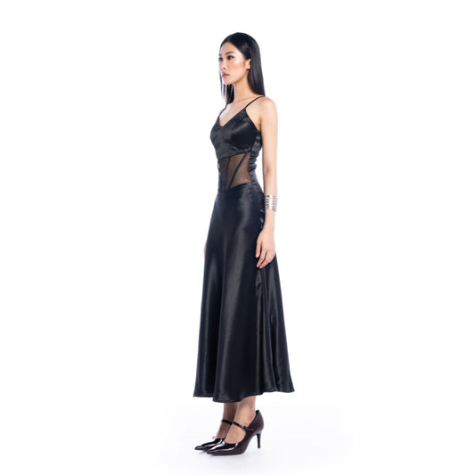 Femme Fatale V-Neck Black Satin Dress - Look 12