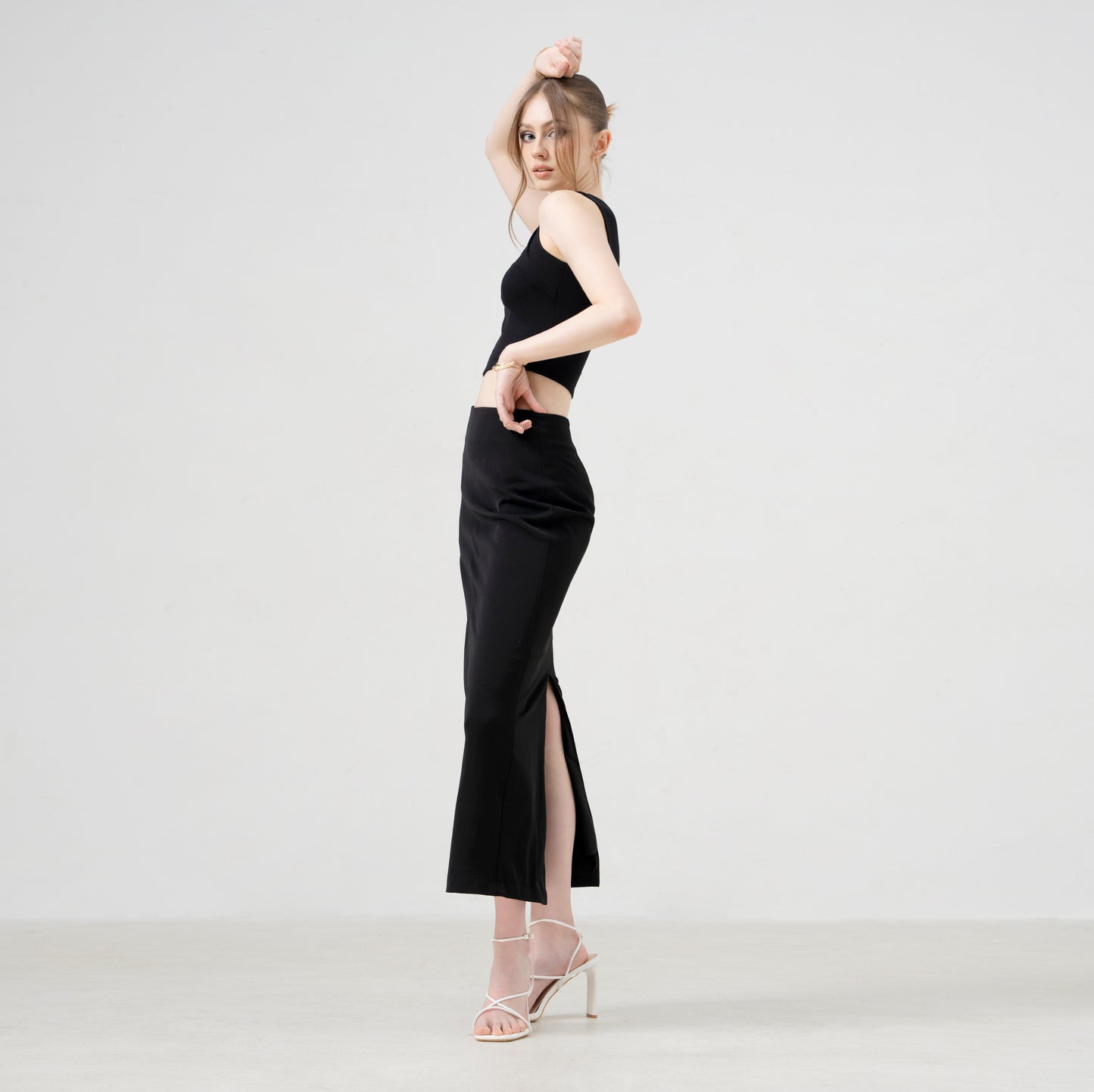 Aquaflame Essence Braided Asymmetrical Top with Slit Pencil Skirt – Look 6