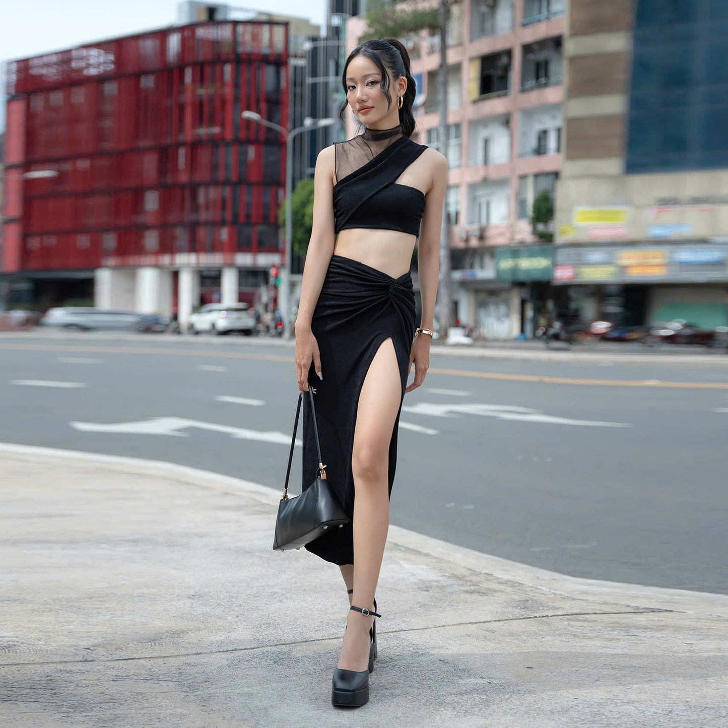 Contours of Confidence Cross Mesh Top with Stretchy Slit Skirt - Look 4