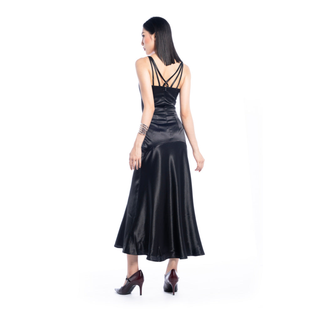 Femme Fatale V-Neck Black Satin Dress - Look 12