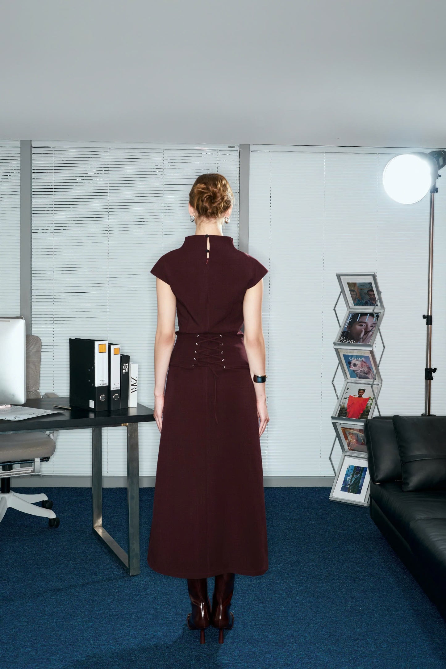 Versa Draped Collar Midi Dress with Detachable Belt