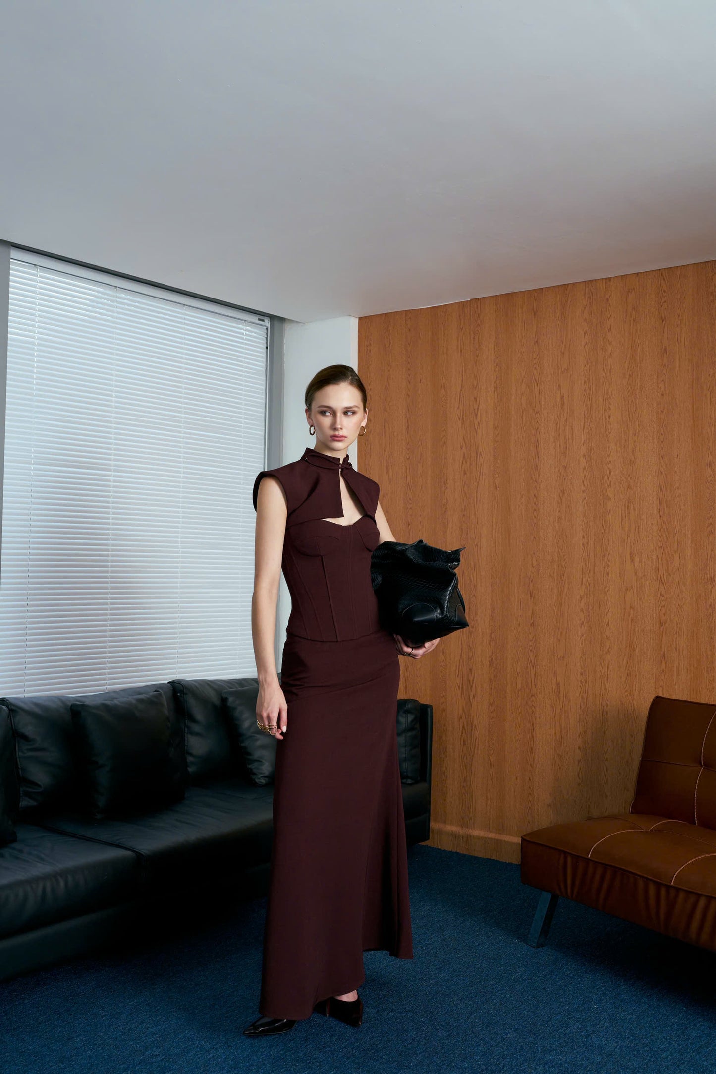 Versa Padded Corset Top and Maxi Skirt Set with Keyhole Capelet Jacket