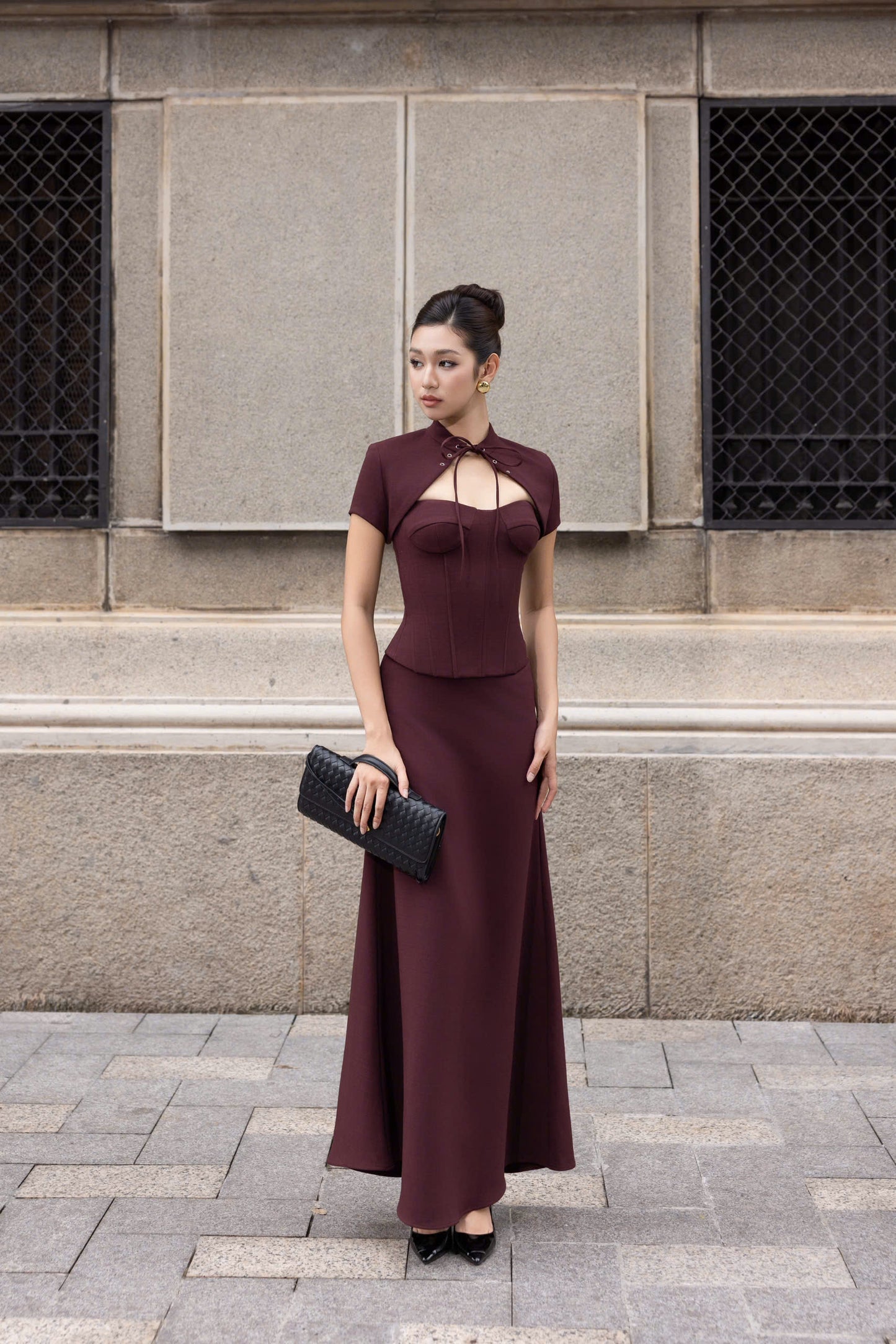 Versa Padded Corset Top and Maxi Skirt Set with Keyhole Capelet Jacket