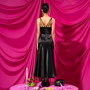 Femme Fatale V-Neck Black Satin Dress - Look 12
