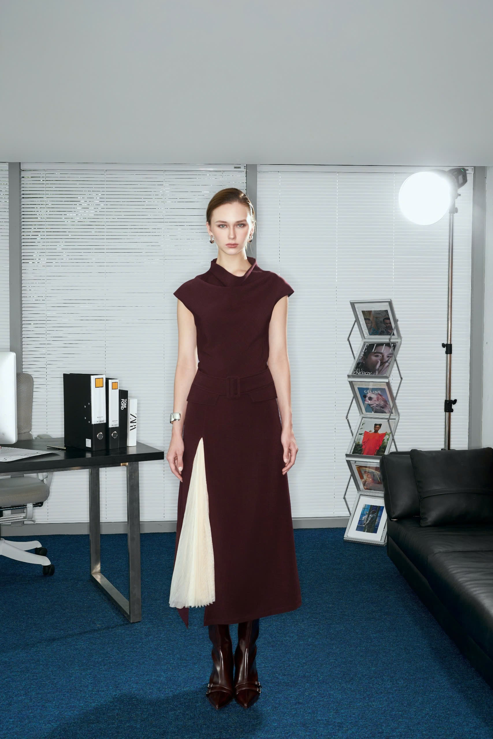 Versa Draped Collar Midi Dress with Detachable Belt