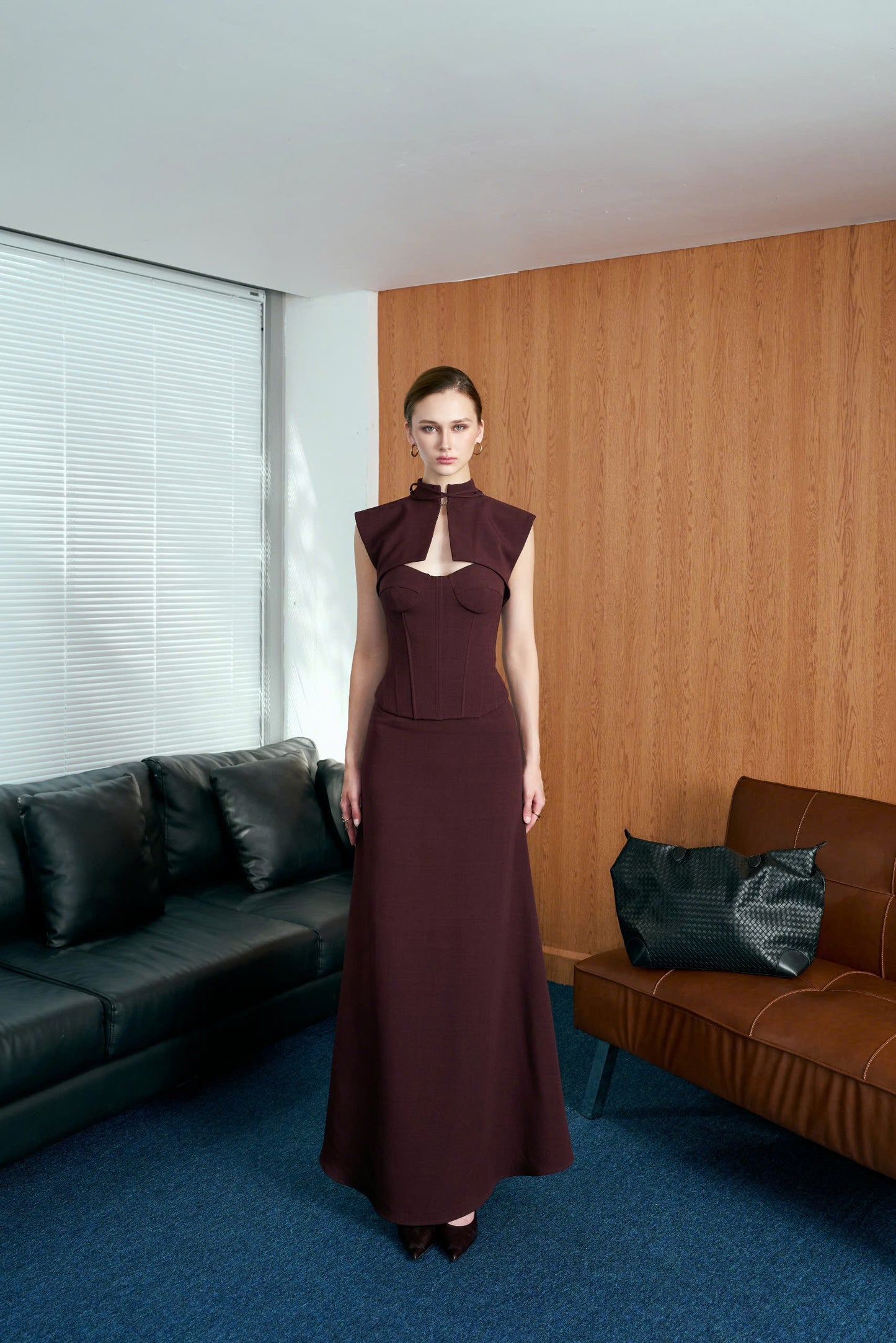 Versa Padded Corset Top and Maxi Skirt Set with Keyhole Capelet Jacket