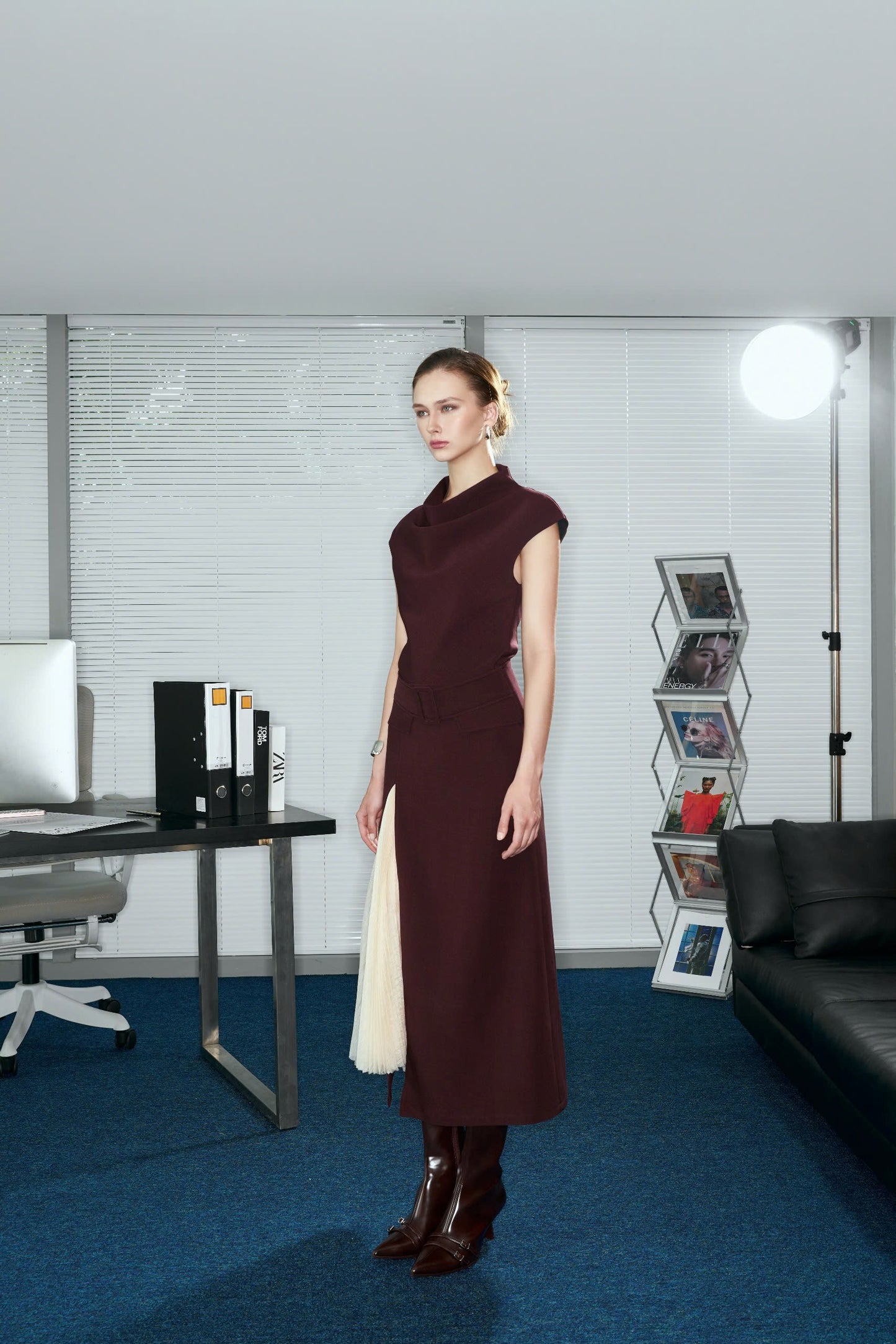 Versa Draped Collar Midi Dress with Detachable Belt