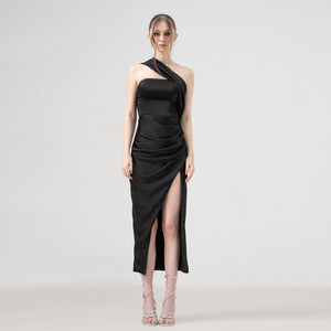 Divalines Black Slit Satin Dress - Look 3