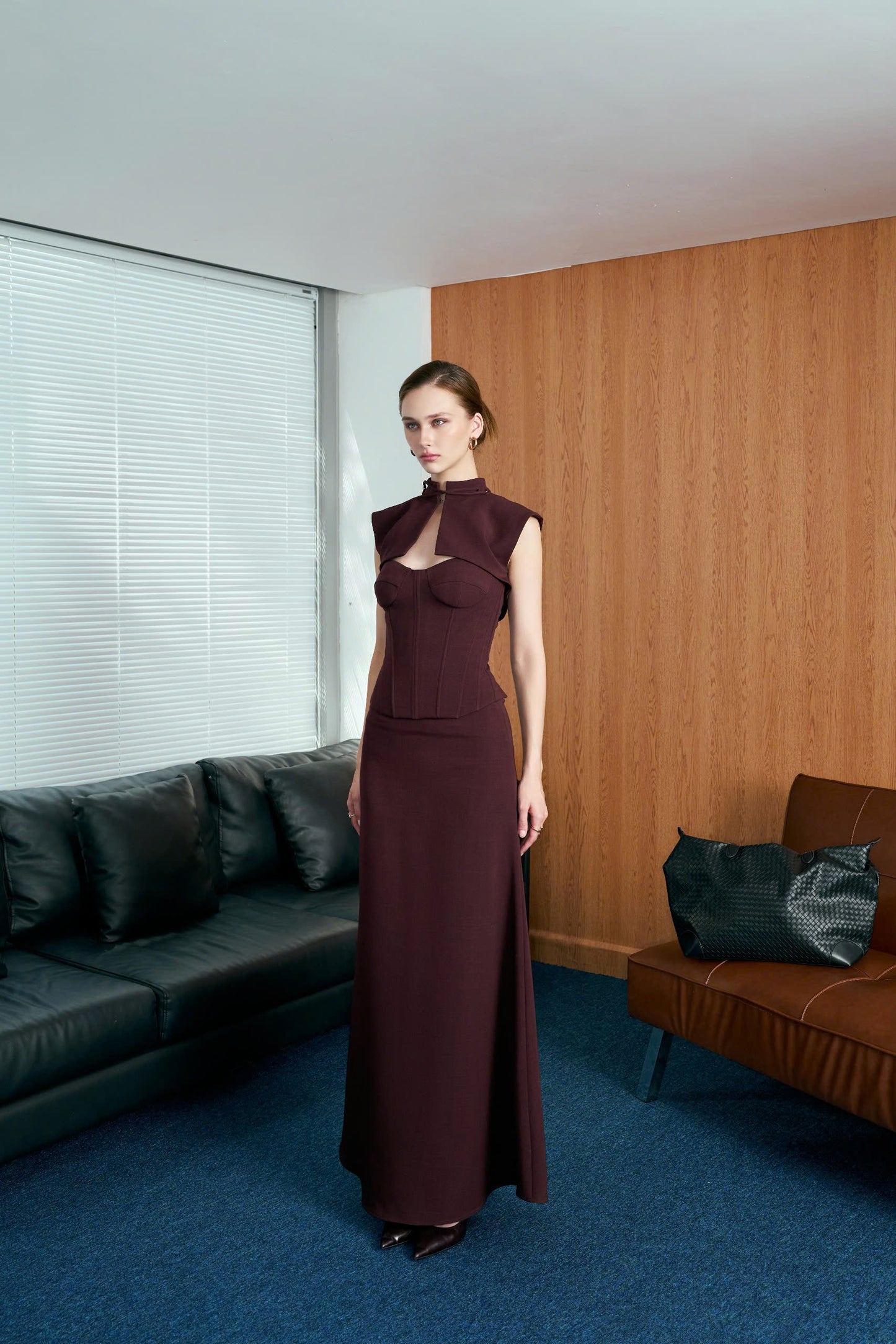 Versa Padded Corset Top and Maxi Skirt Set with Keyhole Capelet Jacket