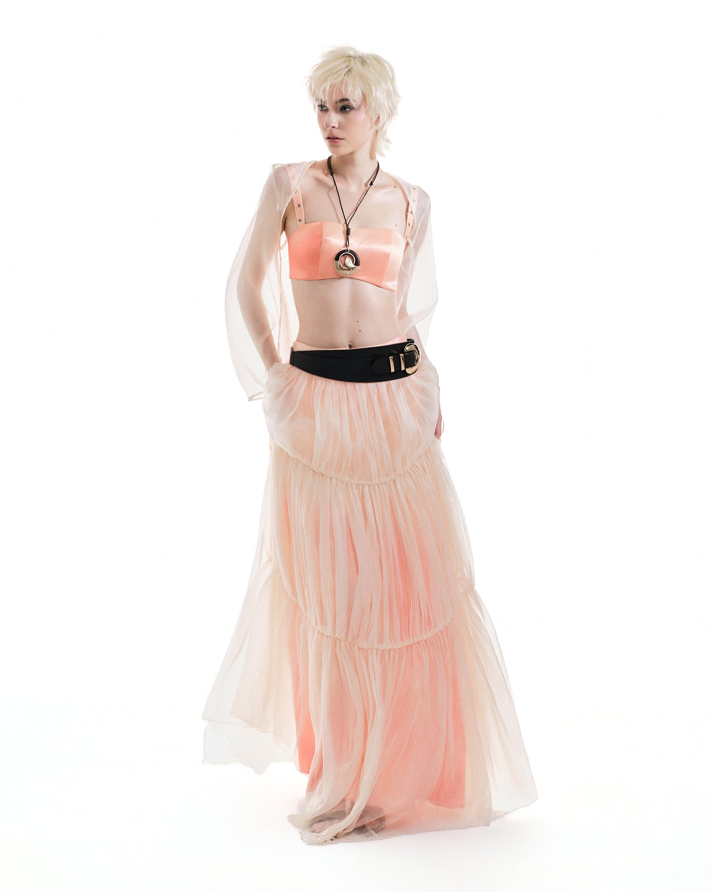 Disora Sheer Longline Cover-Up, Satin Bra & Layered Maxi Skirt 3-Piece Resort Set