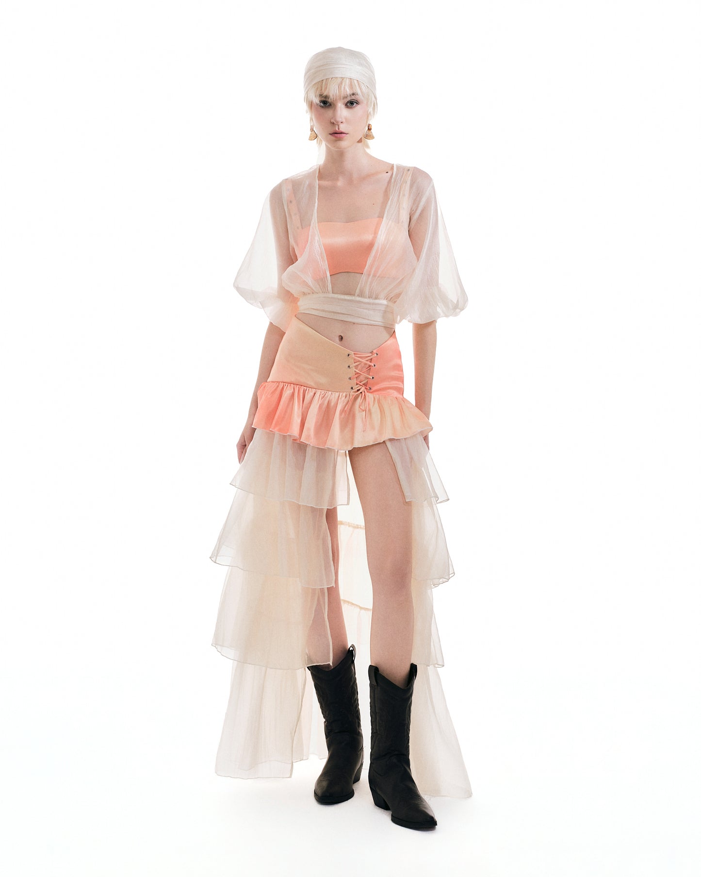 Disora Sheer Puff Sleeve Blouse, Satin Bra & Tiered Mini Skirt 3-Piece Layered Set