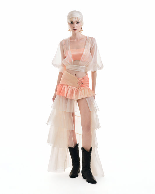 Disora Sheer Puff Sleeve Blouse, Satin Bra & Tiered Mini Skirt 3-Piece Layered Set