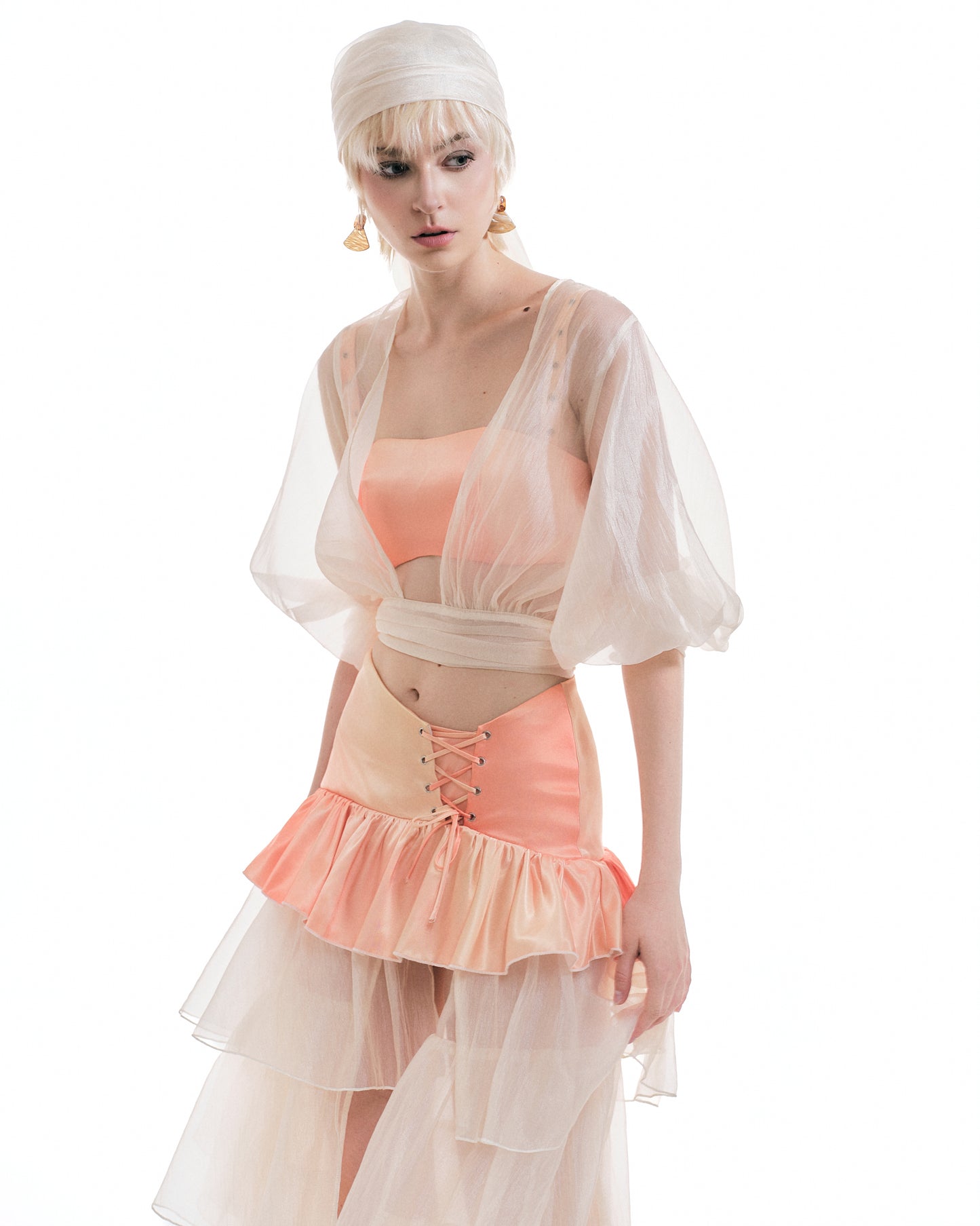 Disora Sheer Puff Sleeve Blouse, Satin Bra & Tiered Mini Skirt 3-Piece Layered Set