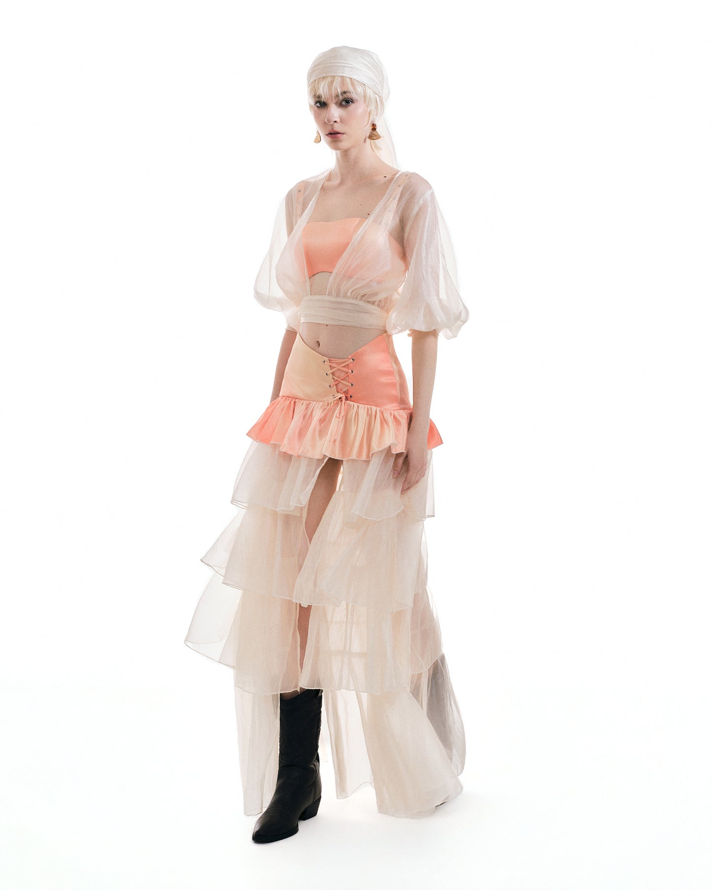 Disora Sheer Puff Sleeve Blouse, Satin Bra & Tiered Mini Skirt 3-Piece Layered Set