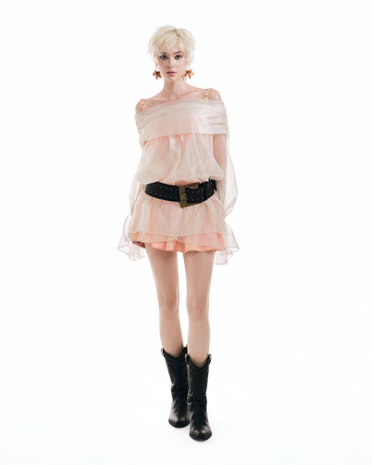 Disora Sheer Layered Off-Shoulder Top, Satin Bra & Ruffled Mini Skirt 3-Piece Boho Set