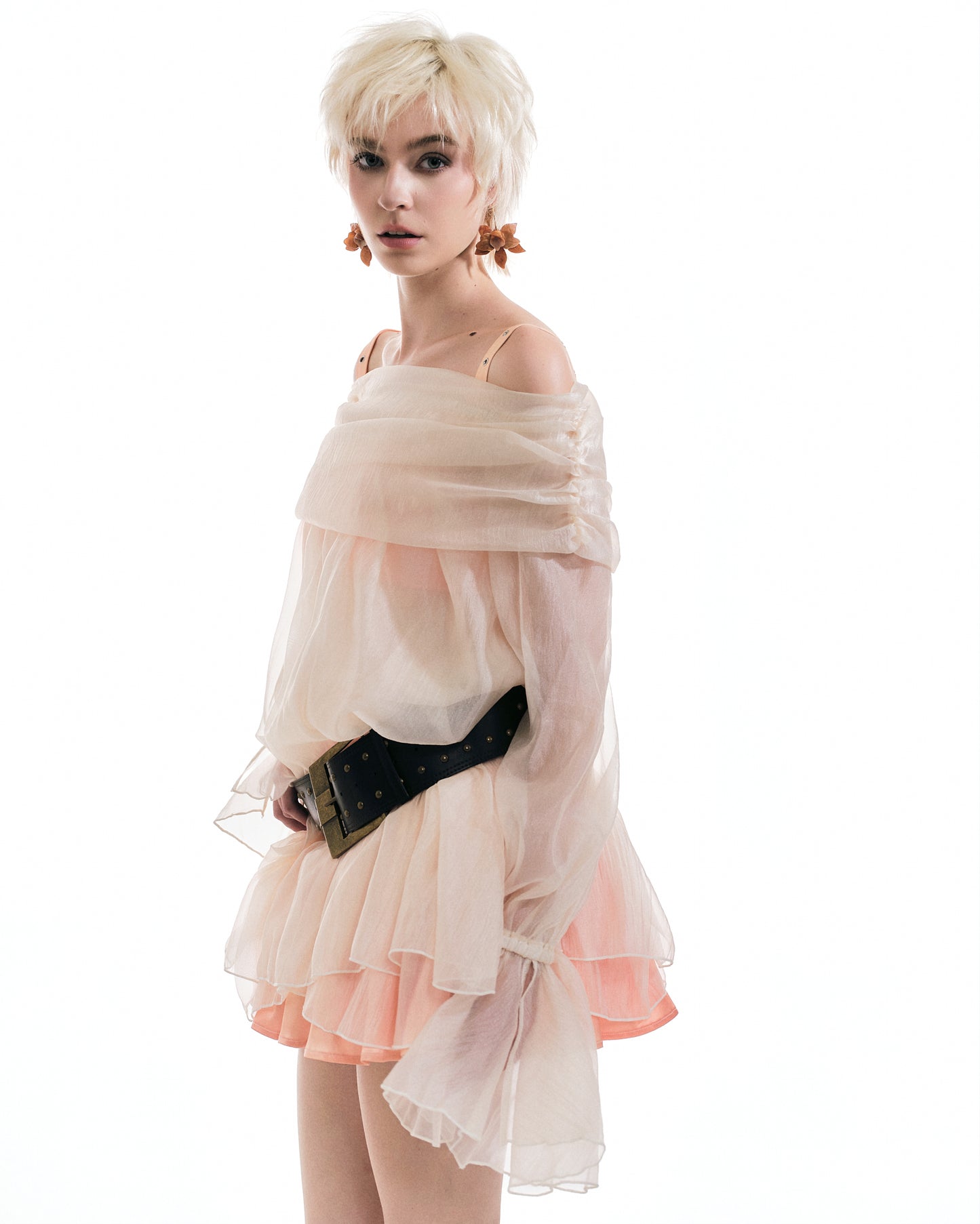 Disora Sheer Layered Off-Shoulder Top, Satin Bra & Ruffled Mini Skirt 3-Piece Boho Set