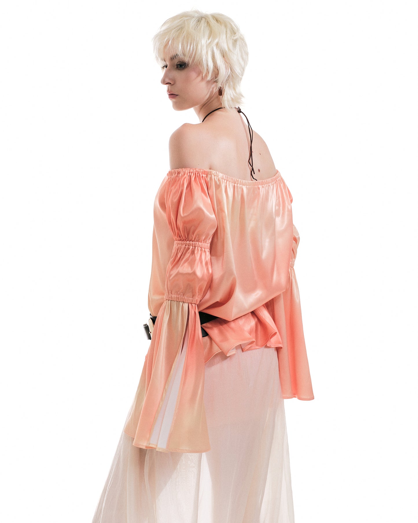 Disora Off-Shoulder Gradient Satin Top & Sheer Layered Maxi Skirt Boho Chiffon 3-Layer Skirt Set