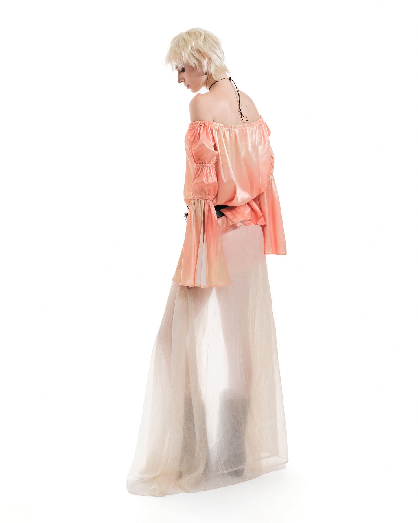 Disora Off-Shoulder Gradient Satin Top & Sheer Layered Maxi Skirt Boho Chiffon 3-Layer Skirt Set