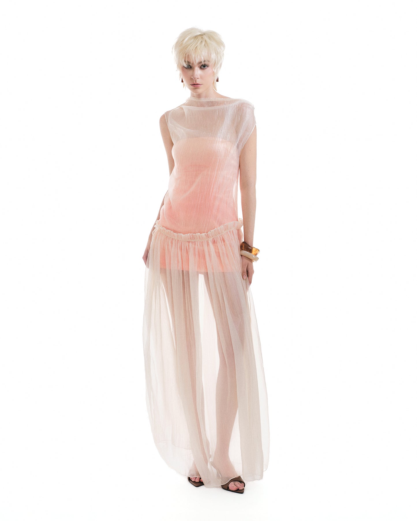 Disora Sheer One-Shoulder Layered Maxi Dress – Gradient Satin Tube Dress & Chiffon Overlay