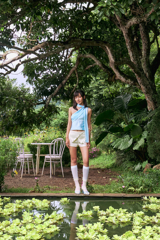 Feluna Gradient Satin Cat Embroidered Top & Structured Shorts Set