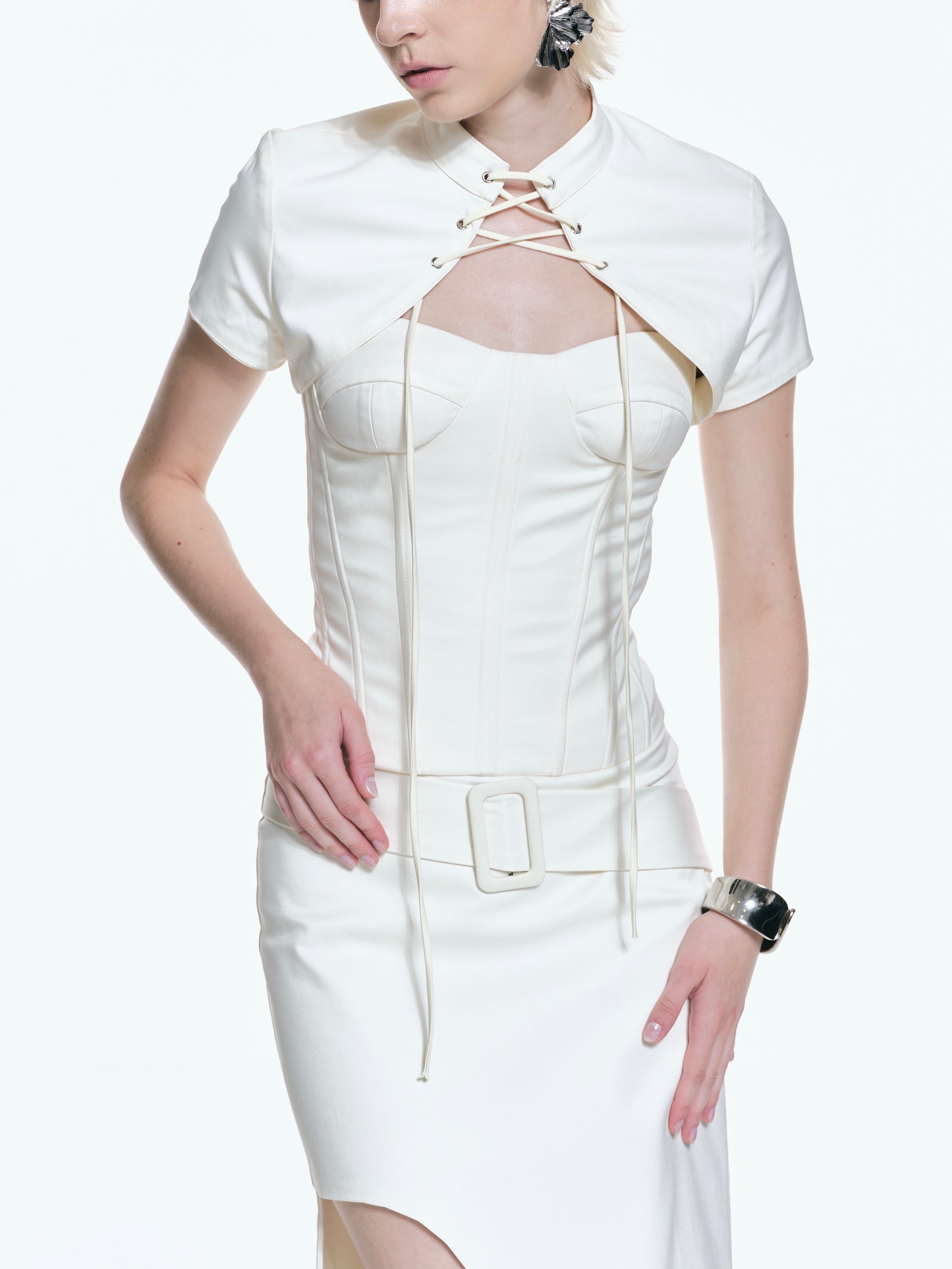 Versa Structured Corset Top with Cropped Jacket & Asymmetric Maxi Skirt