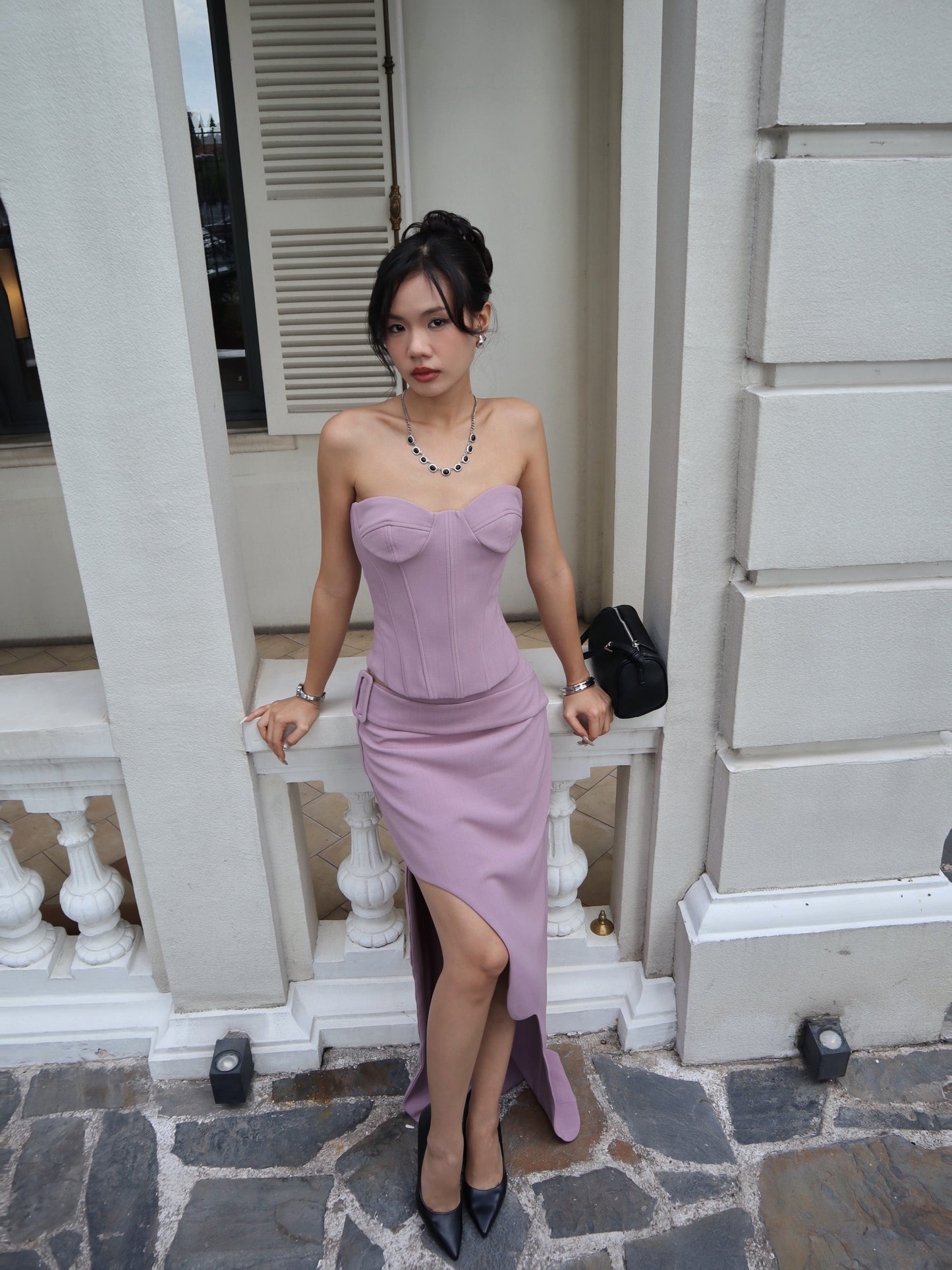 Versa Structured Corset Top with Cropped Jacket & Asymmetric Maxi Skirt