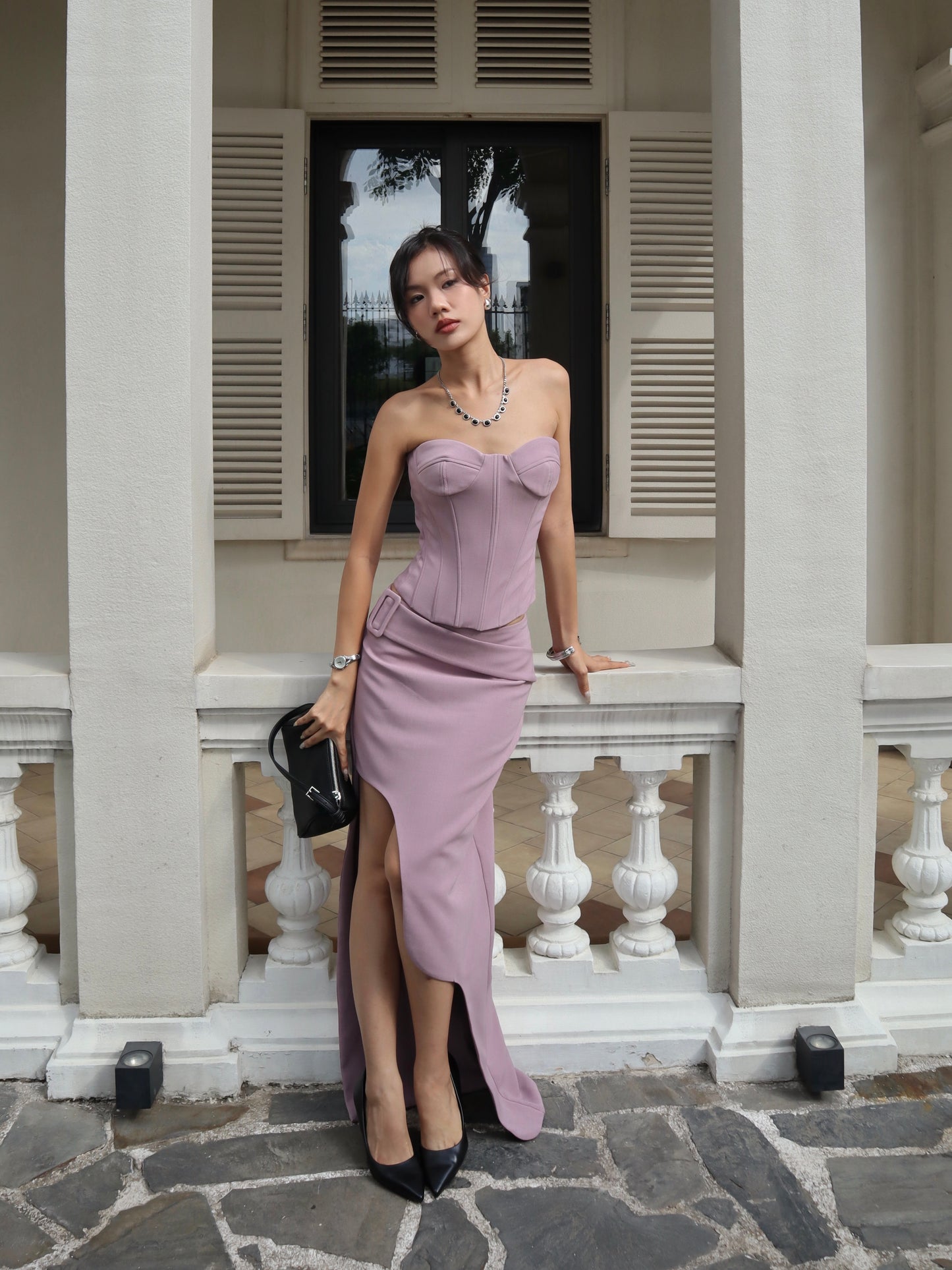 Versa Structured Corset Top with Cropped Jacket & Asymmetric Maxi Skirt