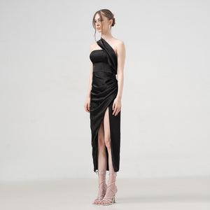Divalines Black Slit Satin Dress - Look 3