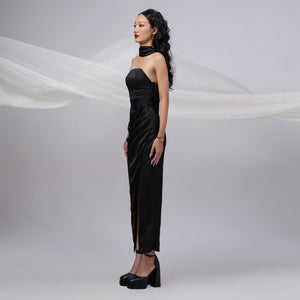 Divalines Black Slit Satin Dress - Look 3