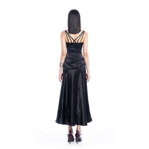 Femme Fatale V-Neck Black Satin Dress - Look 12
