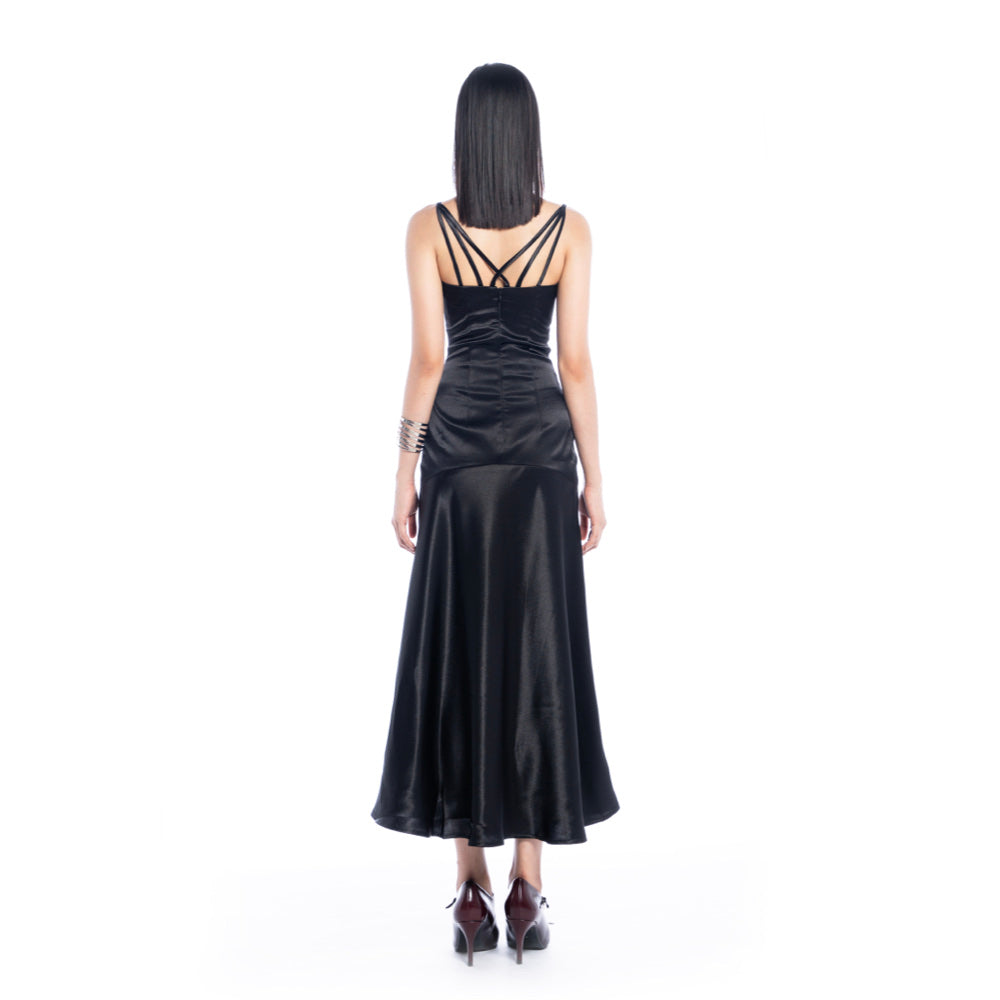 Femme Fatale V-Neck Black Satin Dress - Look 12