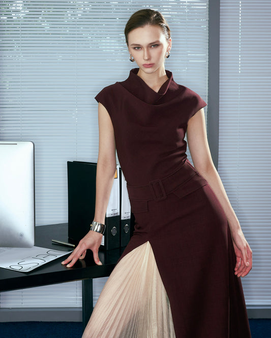 Versa Draped Collar Midi Dress with Detachable Belt