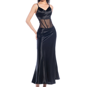 Femme Fatale V-Neck Black Satin Dress - Look 12