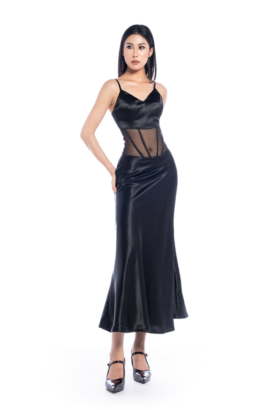 Femme Fatale V-Neck Black Satin Dress - Look 12