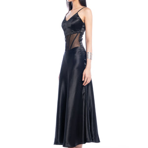 Femme Fatale V-Neck Black Satin Dress - Look 12