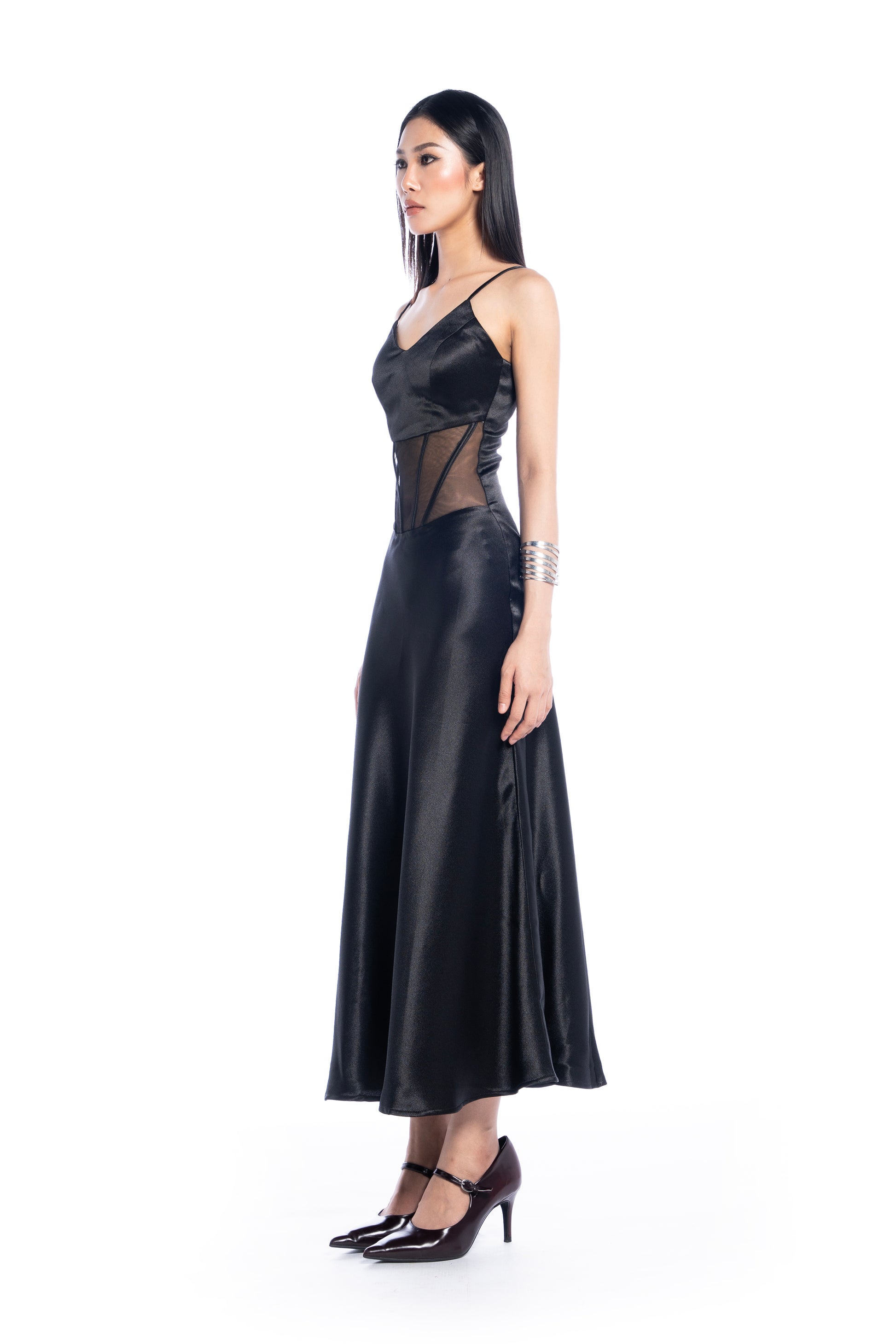 Femme Fatale V-Neck Black Satin Dress - Look 12