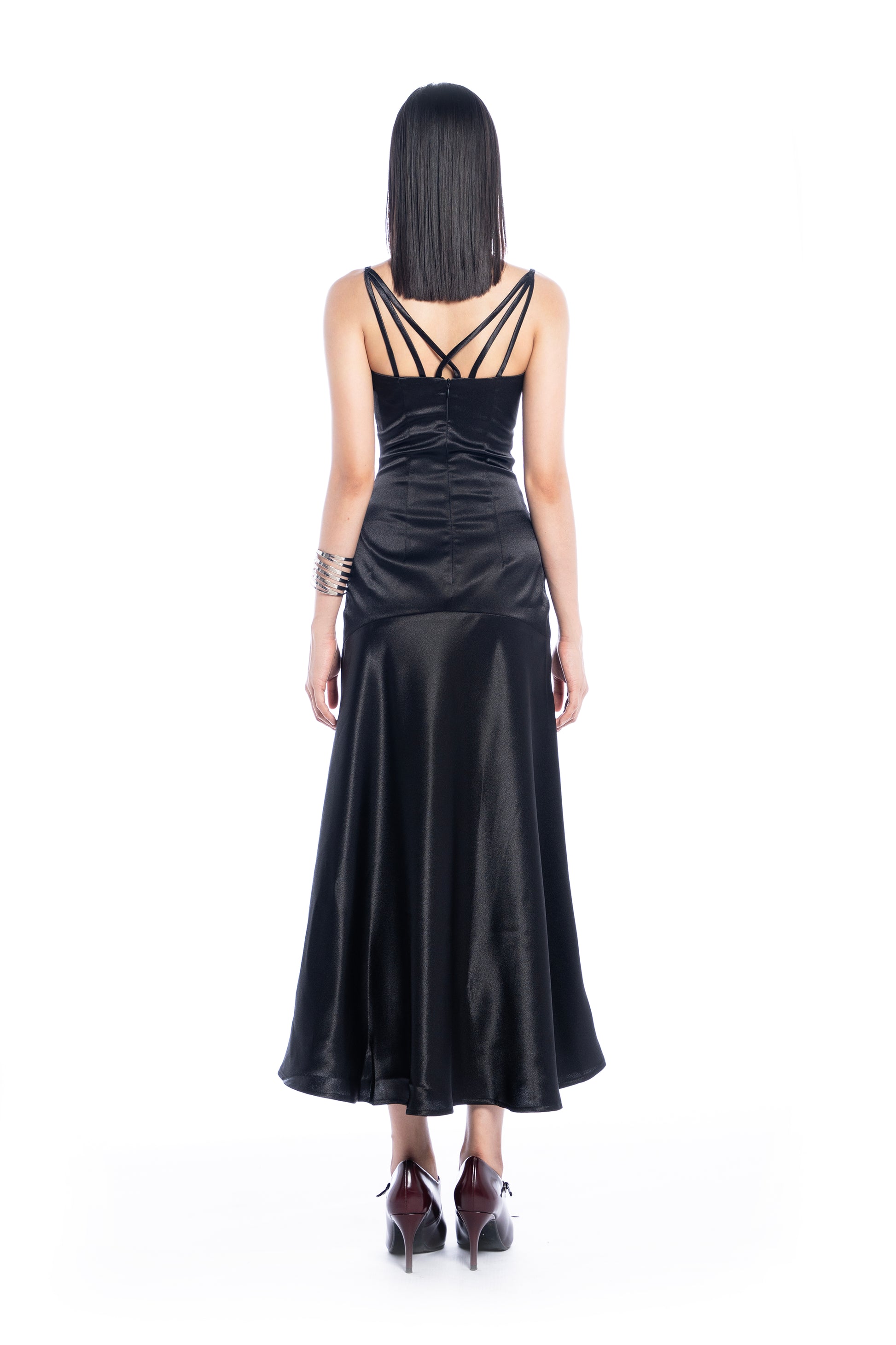 Femme Fatale V-Neck Black Satin Dress - Look 12