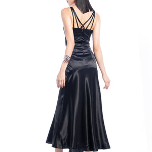 Femme Fatale V-Neck Black Satin Dress - Look 12