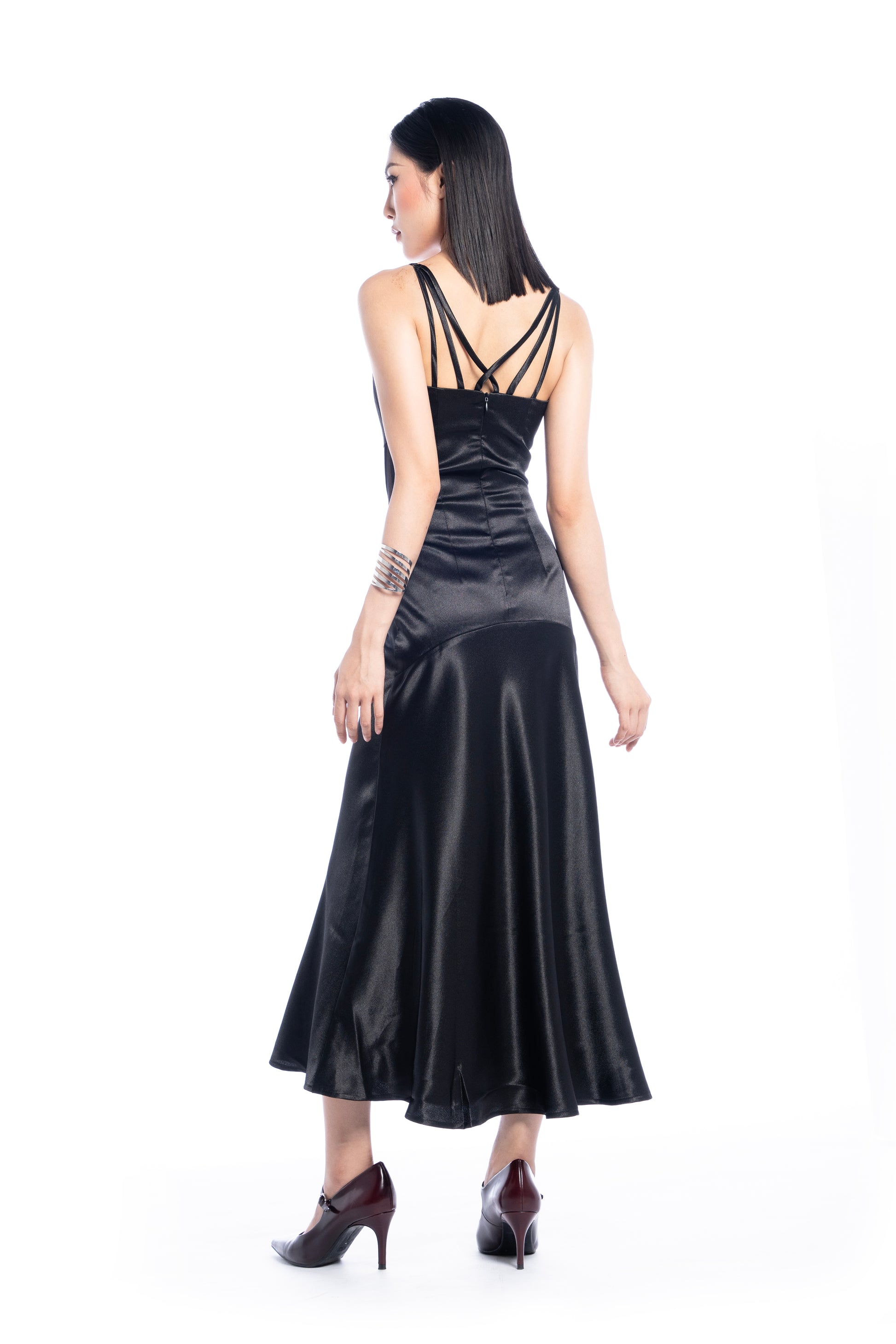Femme Fatale V-Neck Black Satin Dress - Look 12