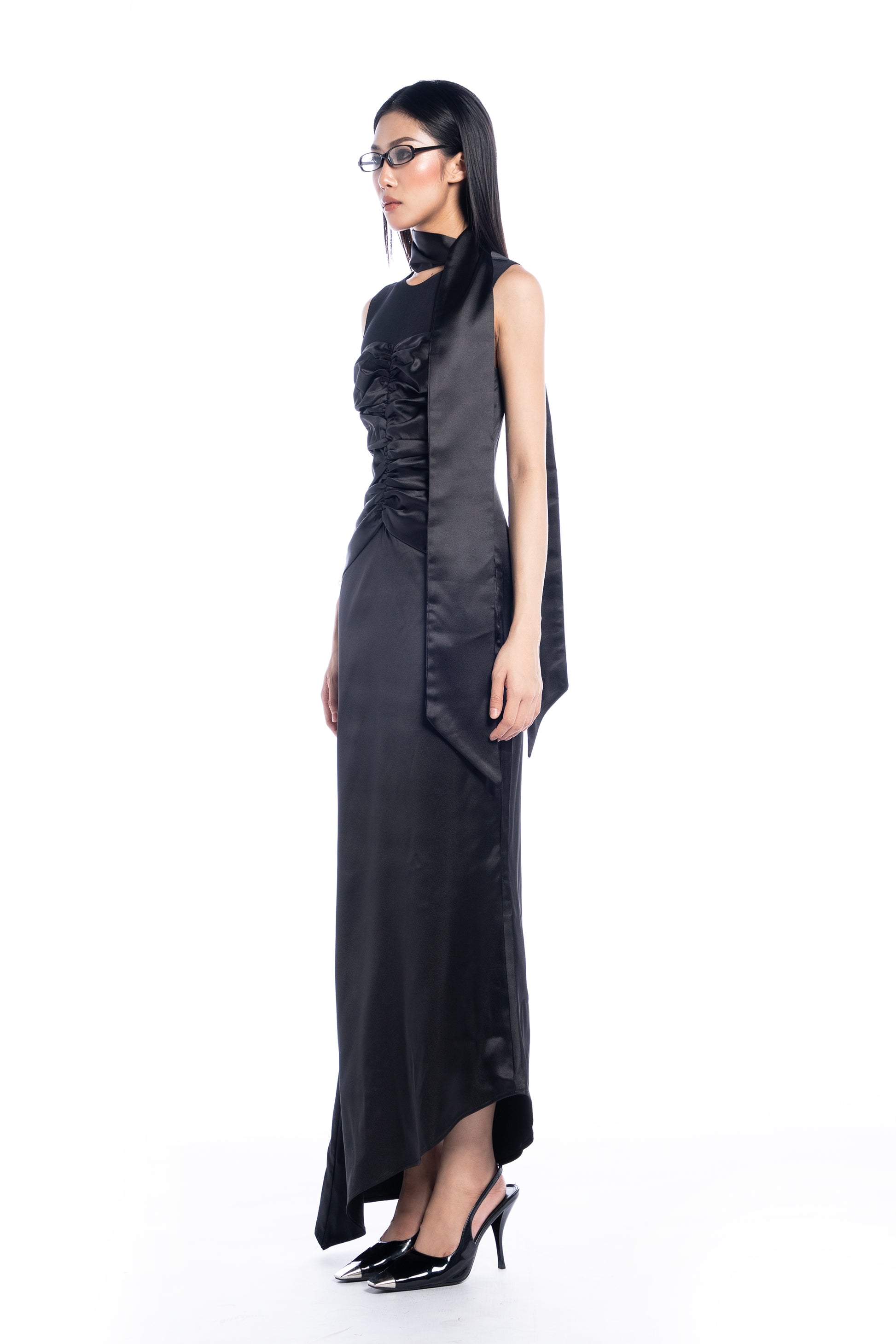 Femme Fatale Ruched Satin Dress - Look 1